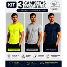 Camiseta Masculina Dry Fit Kit com 3 Peças Academia Esporte