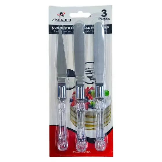 Kit 3 Espátulas de Confeitar Profissional Aço Inox para Bolos, Tortas e Doces
