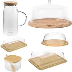 Kit Mesa Posta Bambu Café Da Manhã Porta Frios Queijeira Boleira Açucareiro Manteigueira