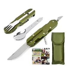 Kit Talher Militar Colher Garfo Faca Abridor de lata Saca Rolhas Canivete Tático Camping Sobrevivência