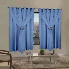 Cortina Corta Luz 2,00m X 1,30m 100% Blackout Com Voil Azul Para Sala Ou Quarto Para Varão Simples