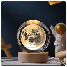 Luminária Cristal de Mesa Sistema Solar Saturno Lua Galáxia LED Base Madeira Enfeite Decorativo Casa luminaria saturno