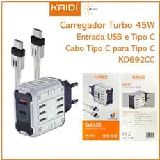 Lançamento Carregador de Tomada Fonte Turbo ORIGINAL KAIDI KD-692CC 45W Tipo-C e USB com cabo Tipo C para Tipo C