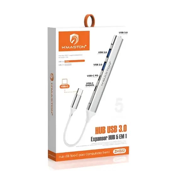 Hub USB-C 5em1 USB 3.0 USB 2.0 Entrada Tipo C para Carga e Transmissão de Dados
