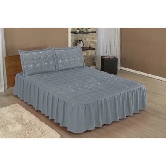 Colcha Casal Com Babado Cobre Leito Padrão Bordada MATELASSE 03 Peças DIVA CINZA