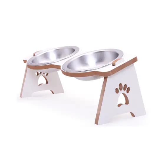 COMEDOURO ERGONÔMICO DUPLO COM TIGELA ALUMÍNIO BRANCO MDF ENCAIXE PARA GATOS