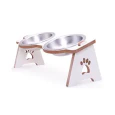 COMEDOURO ERGONÔMICO DUPLO COM TIGELA ALUMÍNIO BRANCO MDF ENCAIXE PARA GATOS