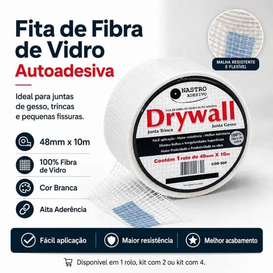 Fita Telada Fibra De Vidro Drywall Reparo Trinca Parede Gesso Massa Corrida Forte Fácil Aplicação