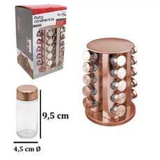 Porta Condimentos e Temperos com 20 Vidros de 80 ml + Suporte de Inox Giratório Rose Gold