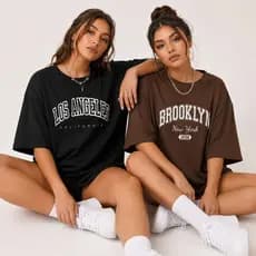 Camiseta Feminina Kit 2 Retas 100% Algodão Estampadas Los Angeles Brooklyn Look Casual