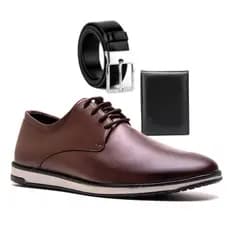 Sapato Oxford Estilo Inglês Couro Confort Homem Moderno Forrado e Costurado Carteira e Cinto