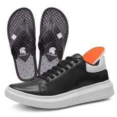 Sapatenis Casual Sola Alta 5cm Oversize Branco Preto + Chinelo Courinho Preto Notorian