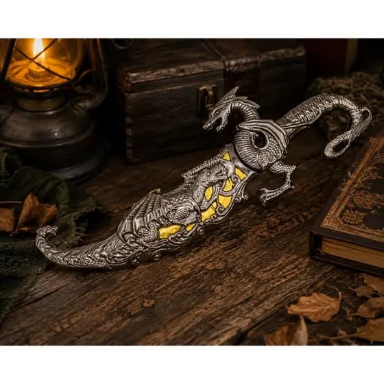 Adaga Punhal de Dragão Alto Relevo Espada Para Decoração Dourada