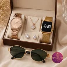 Kit Feminino Luxo com dois Relógios dourado, Óculos de sol, Colar e Brincos