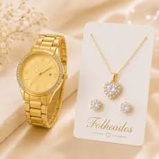 Kit Feminino Dourado Relógio Colar Brinco Noiva Madrinha Festa Presente
