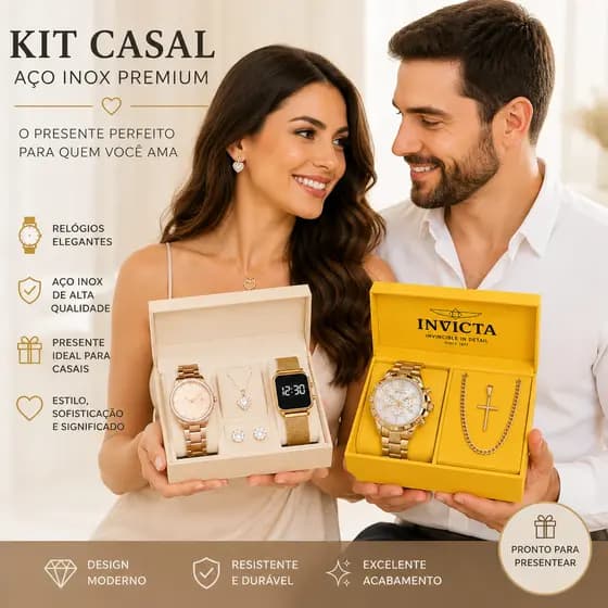 Kit Presente Casal Luxo | Relógios Masculino e Feminino | Acessorios aço inox