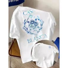 T-shirt Vintage Azul Estampado para Homem - Design "CASA BLANCA" com Padrões Florais e Geométricos, Manga Curta Casual,