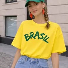 T-shirt Camiseta Brasil Feminina Estampada Camisa Copa do Mundo Com gola redonda Neymar Futebol Algodão Fio 30.1