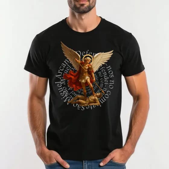 Camiseta Religiosa São Miguel Arcanjo Escritas Espiral  Unissex 100% Algodão