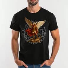 Camiseta Religiosa São Miguel Arcanjo Escritas Espiral  Unissex 100% Algodão