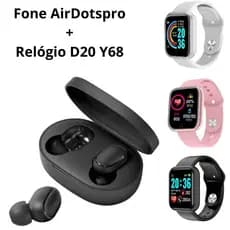 Kit Fone de Ouvido Sem Fio AirDotspro + Relógio Digital Smartwatch D20 Y68 Unissex