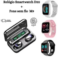 Relógio Inteligente  Smartwatch D20 Unissex + Fone de Ouvido sem Fio Bluetooth F9 M9