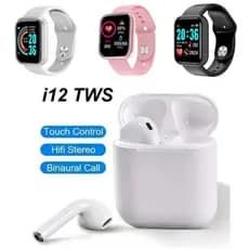 Kit Fone Sem Fio I12 Bluetooth + Relógio Smartwatch D20 Y68