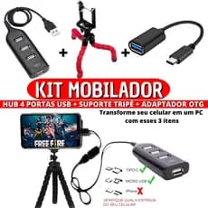 Kit Mobilador Hub 4 Portas USB + Cabo Adaptador OTG Tipo-c / Micro Usb V8 + Mini Tripe Suporte De Celular