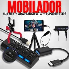 Mobilador Hub 4 Portas Usb Seletor On/Off + Adaptador Otg Usb-c/Micro Usb V8 + Suporte Mini Tripé Ajustável Para Celular