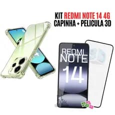 Combo Redmi Note 14 4g Capinha Anti Impacto Transparente + Pelicula Vidro 3d Temperado Com Kit Aplicação