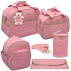 Bolsa Maternidade/5 Peças Super Completo Luxo Rosa Pérolas