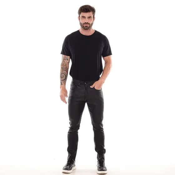 Calça masculina slim fit jeans básica vinil calça brilhosa resinada