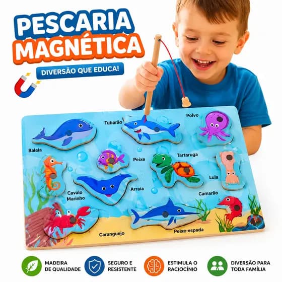 Pescaria Magnética Infantil Madeira Brinquedo Educativo Montessori Com Ímã