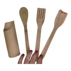 Jogo Talher Madeira Conjunto De Utensilios De Bambu 03 Peças Bambu