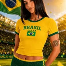 Camiseta Cropped Feminino Canelado Algodão Brasil Manga Curta Copa Torcida Seleção