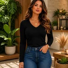 Blusa Básica Feminina Gola V Segunda Pele Viscolycra Manga Longa