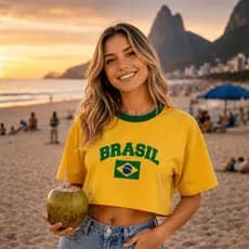 Cropped Oversized Brasil Copa Camiseta Soltinha 100% Algodão Confortável