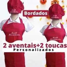 kit avental cozinha personalizado, 2 Aventais+ duas toucas bordados, nome  pedido, altura regulável ,toucas c/elástico..