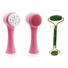 Kit Rolo de Jade massagem facial + Escova Limpeza Facial 2 em 1 Skin Care