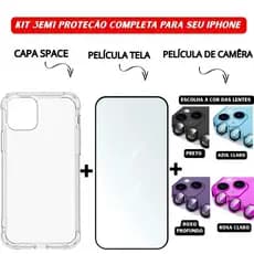 Kit 3em1 Capa Space + Película Vidro Temperado 3D + Lente Câmera Colorida Compatível iPhone 11 12 13 14 15 16 pam
