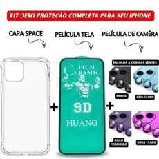 Kit 3em1 Capa Space + Película Cerâmica + Lente Câmera Colorida Compatível iPhone 11 12 13 14 15 16 pam