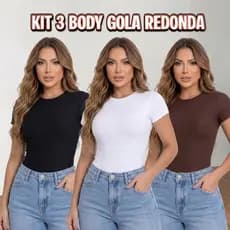 Kit 3 peças Body Feminino Forro Duplo Suplex Premium Manga Curta Gola Redonda Careca