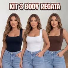 Kit 3 peças Body Feminino Regata Alça Grossas Collant Decote Quadrado Básico Casual Dia Noite Bori Suplex