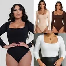 Kit 2 Body Manga Longa Feminino Forro Duplo Segunda Pele Casual Moderno Decote Quadrado Elegante