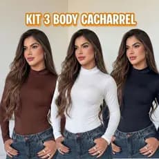 Kit 3 Peças Body Feminino Cacharrel Manga Longa Gola Alta Suplex Premium Elegante Confortável Casual
