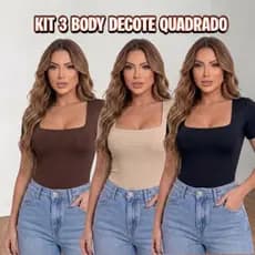 Kit 3 Peças Body Feminino Decote Quadrado Manga Curta Suplex Liso Verão Collant moda blogueira Blusa P M G GG