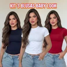 Kit 3 peças Blusa Feminina Baby Look Tee Slim Suplex Premium Elegante Confortável Tshirt