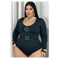 Body plus size com bojo manga longa fivelas afina cintura