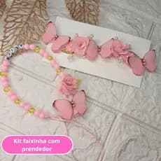 Kit Jardim Encantado luxo Rosa - Tiara de Meia com Borboletas com Prendedor de Chupeta