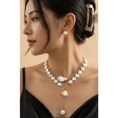 Colar Brinco Feminino Dourado com Perolas Barrocas